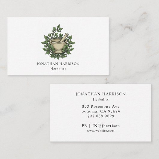 Carte De Visite Herbalist Illustrated Mortar Pestle Herbes (Devant / Derrière)
