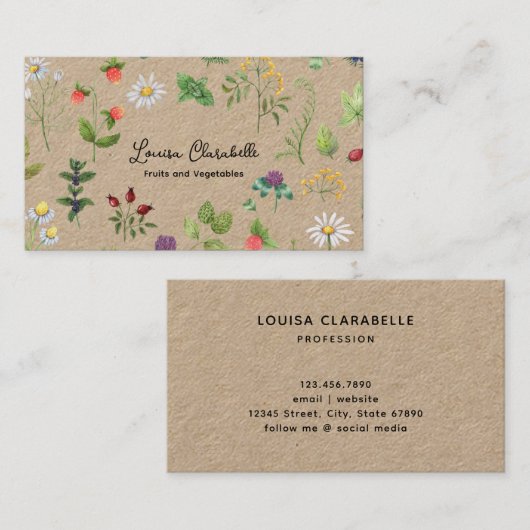Carte De Visite Herbe Berries Légumes Thème (Devant / Derrière)