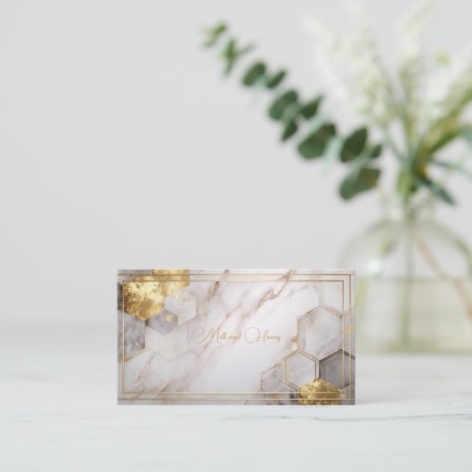 Carte De Visite Hexagone Marbre blanc & Gold Foil (Debout devant)