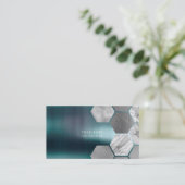 Carte De Visite Hexagone Turquoise en acier métallique marbre gris (Debout devant)