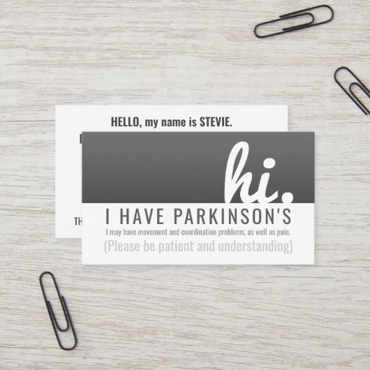 Carte De Visite hi parkinsons maladie patience pvc badge (Devant/Arrière en situation)