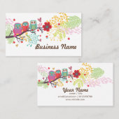 carte de visite - hibou, trois hibou, fond floral (Devant / Derrière)