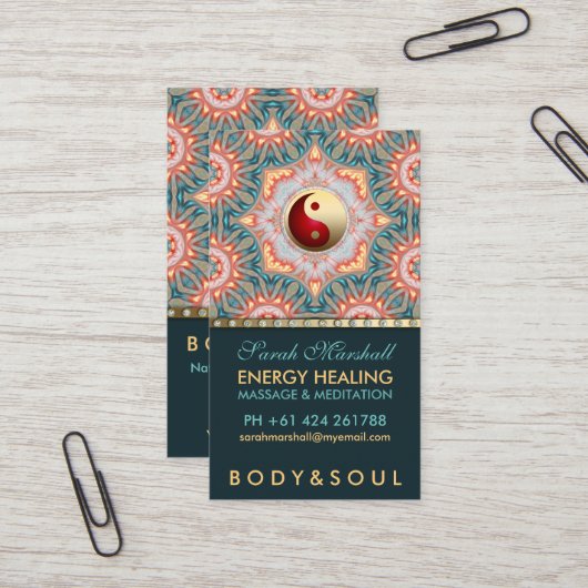 Carte de visite holistique turquoise Gold Energy H (Devant/Arrière en situation)