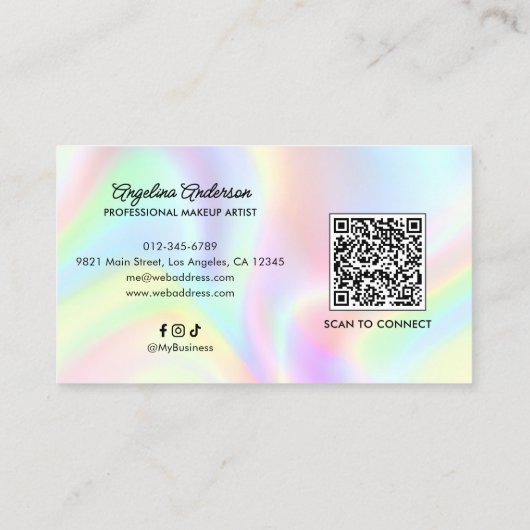 Carte De Visite Holographic Elegant Script QR Code Social Media (Dos)