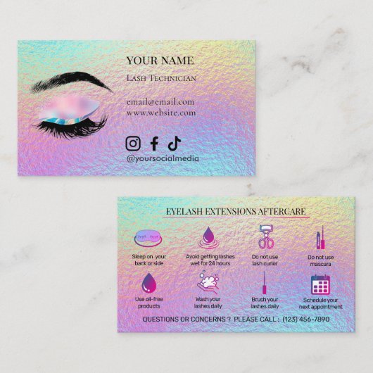 Carte De Visite Holographic Eyelash Extensions Lash Aftercare (Devant / Derrière)