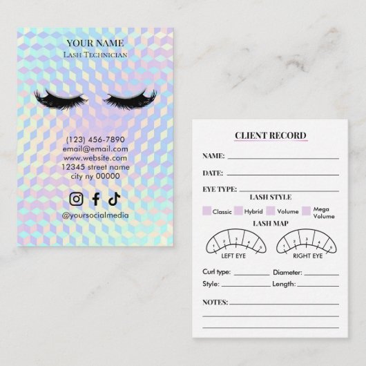 Carte De Visite Holographic Lash Client Record Form (Devant / Derrière)