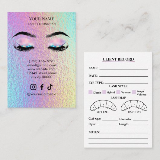 Carte De Visite Holographic Lash Client Record Form (Devant / Derrière)