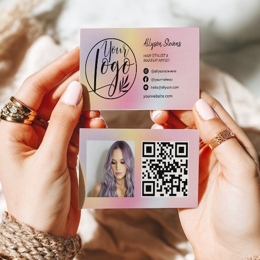 Carte De Visite Holographic rainbow hair makeup photo logo qr code