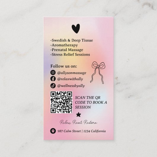 Carte De Visite Holographic rainbow Massage Therapist QR Code (Dos)