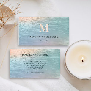Carte De Visite Holographique brossé Turquoise moderne Monogramme 