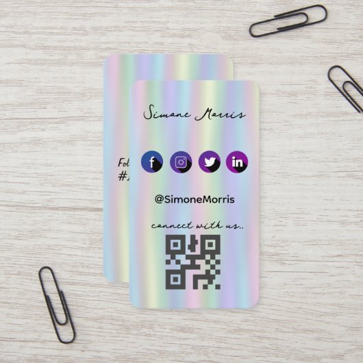 Carte De Visite Holographique Design-Social Media QR Code (Devant/Arrière en situation)