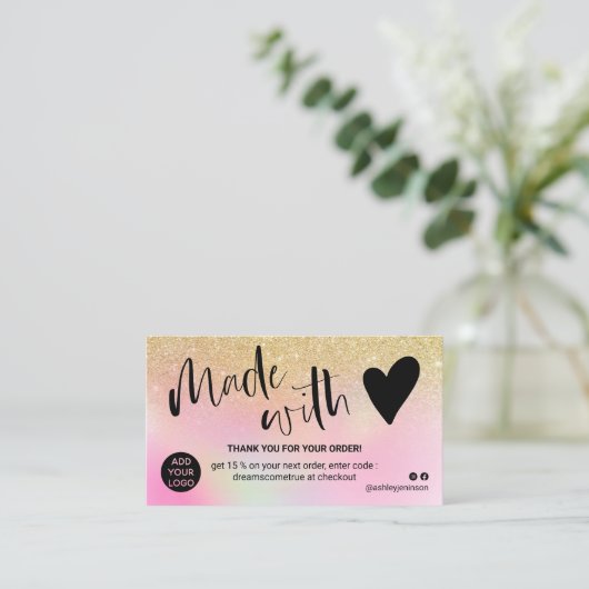 Carte De Visite Holographique en or chic merci fait avec amour (Debout devant)