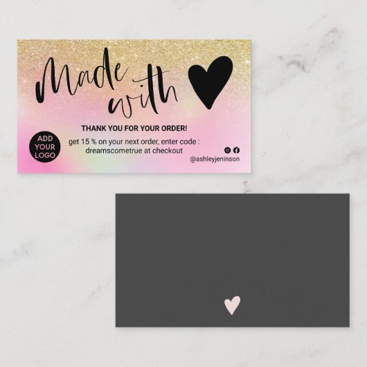 Carte De Visite Holographique en or chic merci fait avec amour (Devant / Derrière)