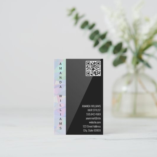 Carte De Visite Holographique géométrique | Noir | Code QR (Debout devant)