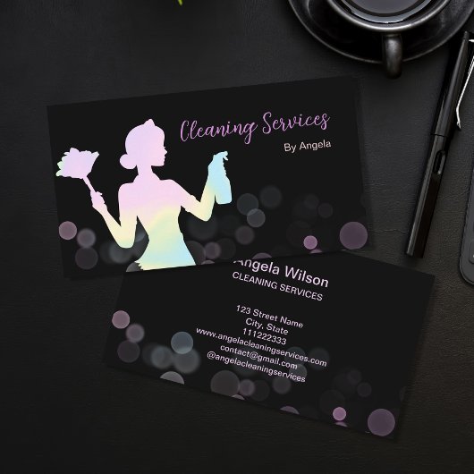Carte De Visite Holographique Services De Nettoyage De Fille Chic 