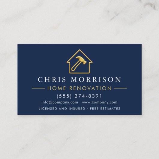Carte De Visite Home Renovation Metallic Navy Blue Gold QR Code (Devant)
