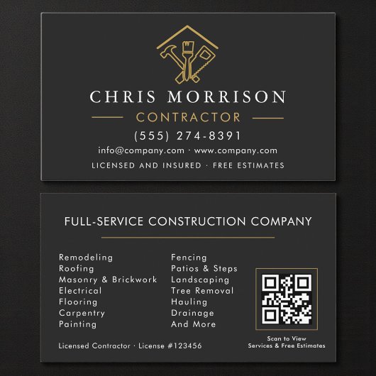 Carte De Visite Home Repairs Contractor Black Gold QR Code