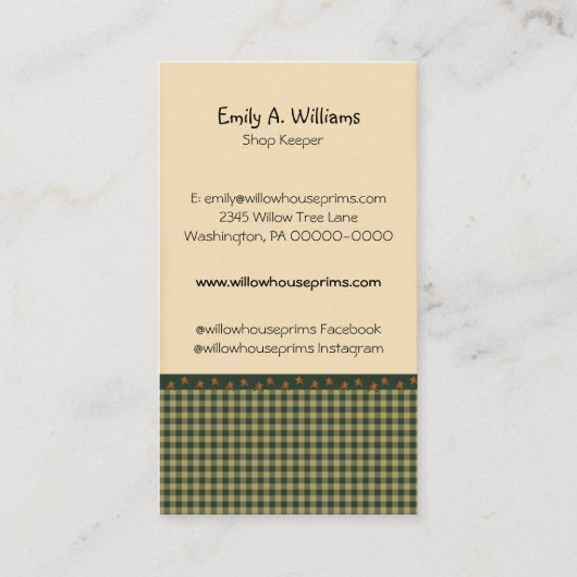 Carte De Visite Homespun En vichy Willow Tree Pays primitif (Dos)