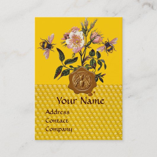 CARTE DE VISITE HONEY BEE AND WILD ROSES, BEEKEEPER WAX SEAL (Devant)