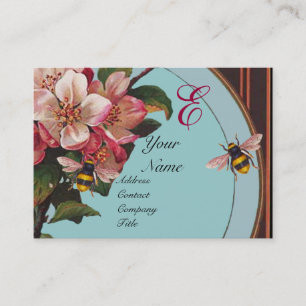 CARTE DE VISITE HONEY BEES ET ROSES SAUVAGES DANS SKY BLUE MONOGRA