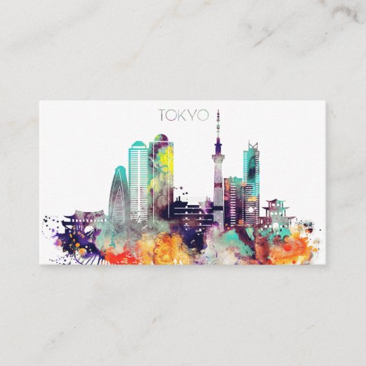 Carte De Visite Horizon de ville de Tokyo d'aquarelle (Devant)