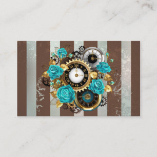Carte De Visite Horloge à vapeur et Roses turquoise sur le sol