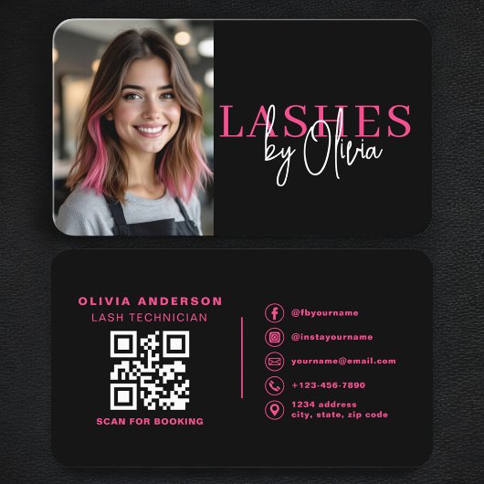Carte De Visite Hot Pink Black Lash Technician Photo QR Code