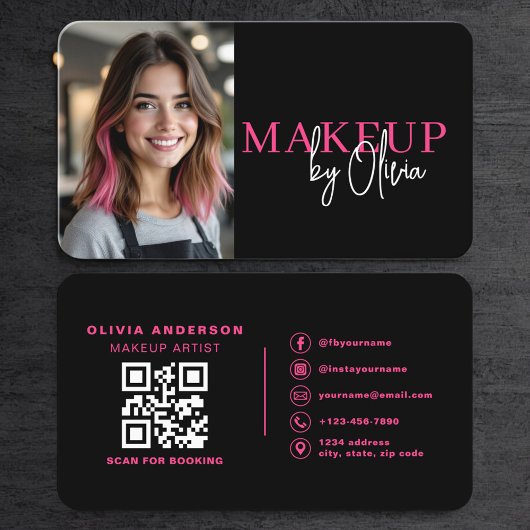 Carte De Visite Hot Pink Photo Makeup Artist QR Code
