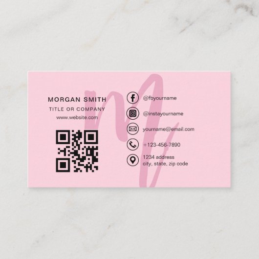 Carte De Visite Hot Rose Modern Script QR Code Nom du monogramme (Dos)