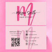 Carte De Visite Hot Rose Modern Script QR Code Nom du monogramme