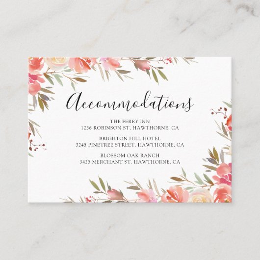 Carte De Visite Hôtel Mariage rose Floral Hébergement (Devant)