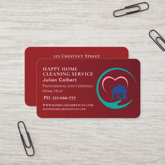 Carte De Visite House Cleaning Home Services Charming Red qr code (Devant/Arrière en situation)