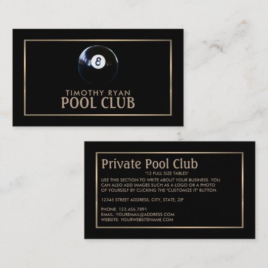 Carte De Visite Huit Bal, Pool Club, Pool Player (Devant / Derrière)