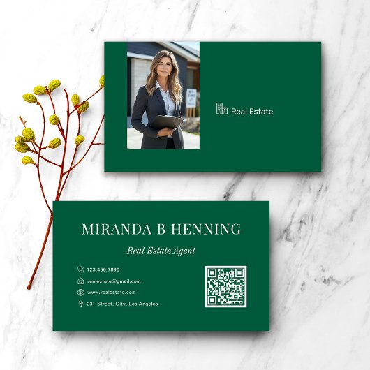 Carte De Visite Hunter Green Real Estate Agent Photo QR Code