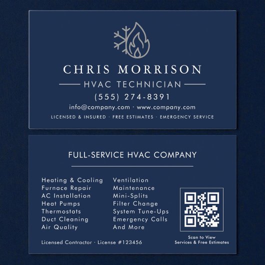 Carte De Visite HVAC Navy Blue Silver QR Code
