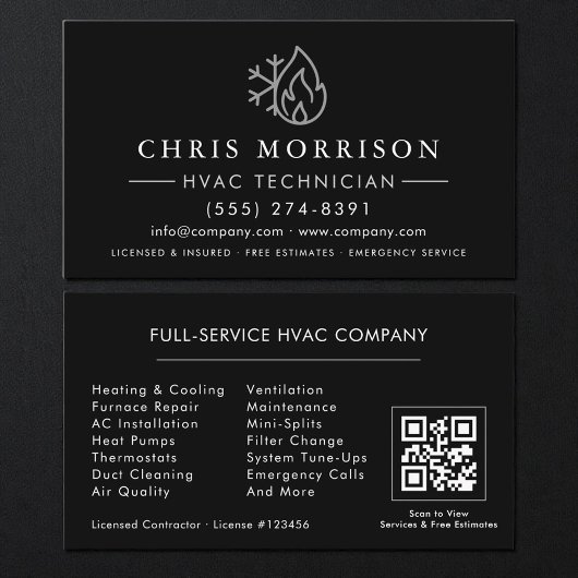Carte de visite HVAC Noir Argent QR Code