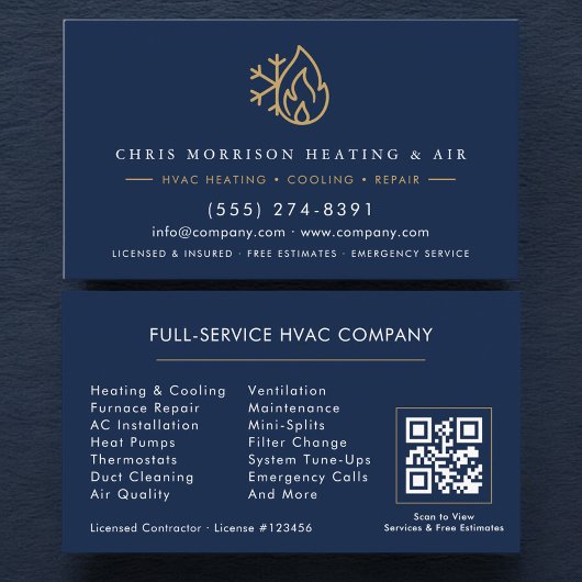 Carte De Visite HVAC Services Company Navy Blue Gold QR Code