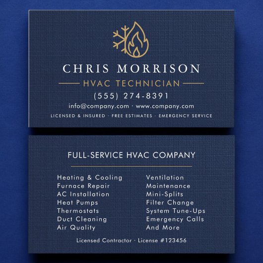 Carte De Visite HVAC Technician Navy Blue Gold Linen