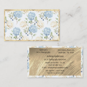 Carte De Visite Hydrangea Florale Bleu Blanc Or Élégant