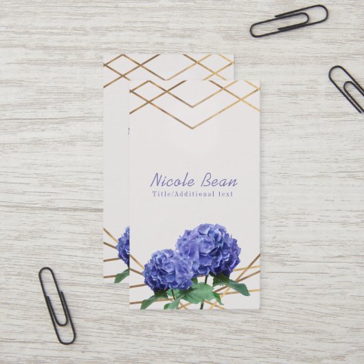 Carte De Visite Hydrangea & Lignes Dorées Élégant Chic Floral (Devant/Arrière en situation)