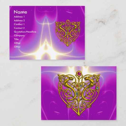 Carte De Visite HYPER VALENTINE, COEUR CELTIQUE OR rose Fuchsia (Devant / Derrière)