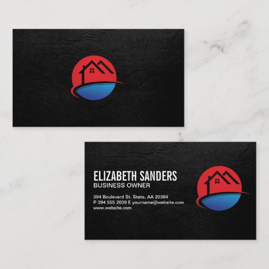 Carte De Visite Icône Immobilier | Black Leather Executive (Devant / Derrière)