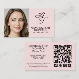 Carte De Visite Icône sociale code QR Maquillage Monogramme Rose R