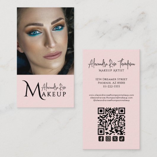 Carte De Visite Icône sociale Qr Code Maquilleuse Rose Pâle (Devant / Derrière)