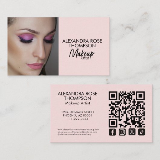 Carte De Visite Icône sociale Qr Code Maquilleuse Rose Pâle (Devant / Derrière)