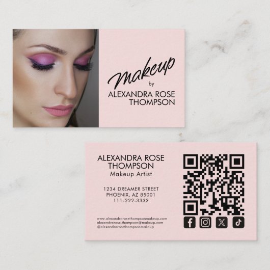 Carte De Visite Icône sociale Qr Code Maquilleuse Rose Pâle (Devant / Derrière)