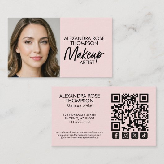 Carte De Visite Icône sociale Qr Code Maquilleuse Rose Pâle (Devant / Derrière)
