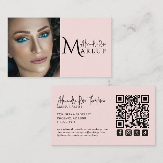 Carte De Visite Icône sociale Qr Code Maquilleuse Rose Pâle (Devant / Derrière)