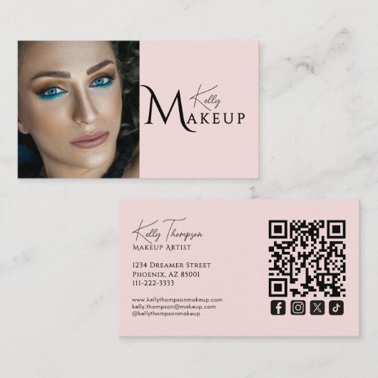 Carte De Visite Icône sociale Qr Code Maquilleuse Rose Pâle (Devant / Derrière)