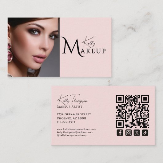 Carte De Visite Icône sociale Qr Code Maquilleuse Rose Pâle (Devant / Derrière)